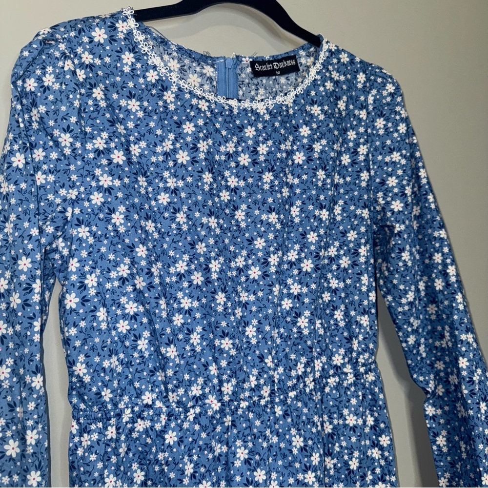 Scarlet Darkness Blue Floral Maxi‎ Dress Long Sleeve Lace Trim Womens M - Picture 2 of 6